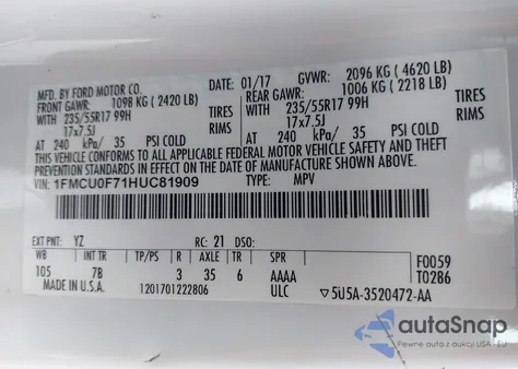 2017 Ford Escape S from USA, damaged, VIN 1FMCU0F71HUC81909